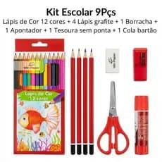 Kit Escolar Volta As Aulas Infantil Lapis Cor 12 Cores Tesoura Cola 9 Pçs