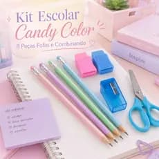 Kit Material Escolar Candy Color 8 Peças Lápis Pastel Tesoura Sem Ponta Apontador Fofo