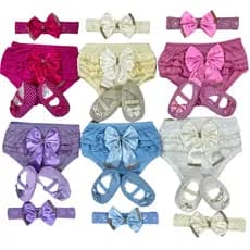 Kit Calcinha Bunda Rica Bebê Menina Faixa Cabelo Sapatilha Sapatinho Enxoval RN 3 a 9 Meses c/ Laço