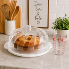Boleira Com Tampa Plástica Copo Medidor Porta Bolo Torta Utensílio Cozinha