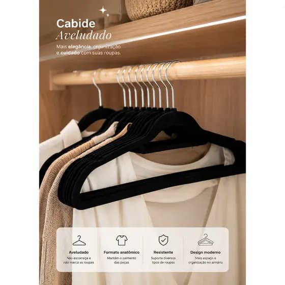 Kit 15 Cabides Slim Aveludado Veludo Anti deslizante Preto - Vencedor