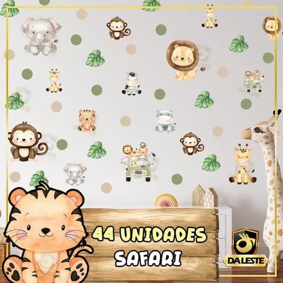 Kit de 44 Adesivos Animais Safari Infantil + Bolinhas Papel de Parede Quarto Floresta Decoração IMP