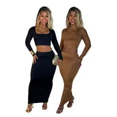 Conjunto Feminino Saia Longa + Cropped Manga Longa Suplex Premium Moda Elegante