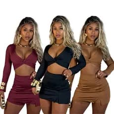 Conjunto Feminino Short Saia e Cropped Manga Longa Suplex Premium Moda