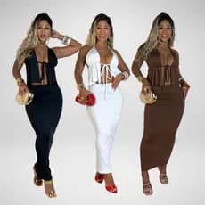 Conjunto Feminino Saia Tubinho Suplex + Cropped Babado Premium Festa Verão Tendência Blogueira