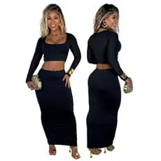 Conjunto Feminino Saia Longa e Cropped Manga Longa Suplex Preto Elegante Festa