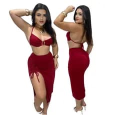 Conjunto Feminino Midi Justo Suplex Premium Fivela no Decote Fenda Moda Festa Blogueira Balada