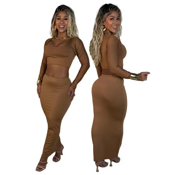 Conjunto Feminino Marrom Saia Longa Cropped Manga Longa Suplex Premium Moda