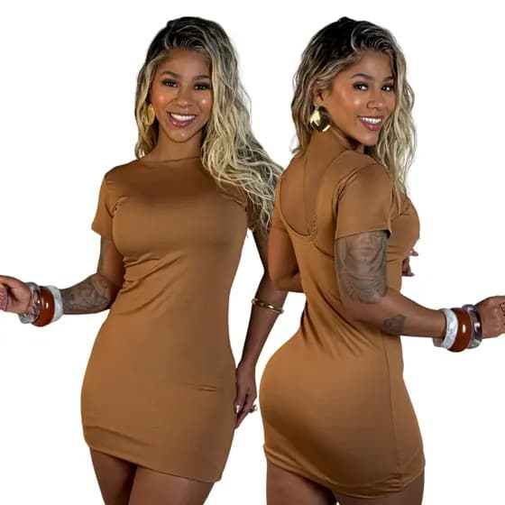Vestido Curto Feminino Marrom Moda Blogueira Manga Curta Suplex Premium