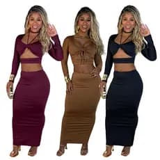 Conjunto Feminino Saia Longa e Cropped Manga Longa Com Detalhes em Cadarço Suplex