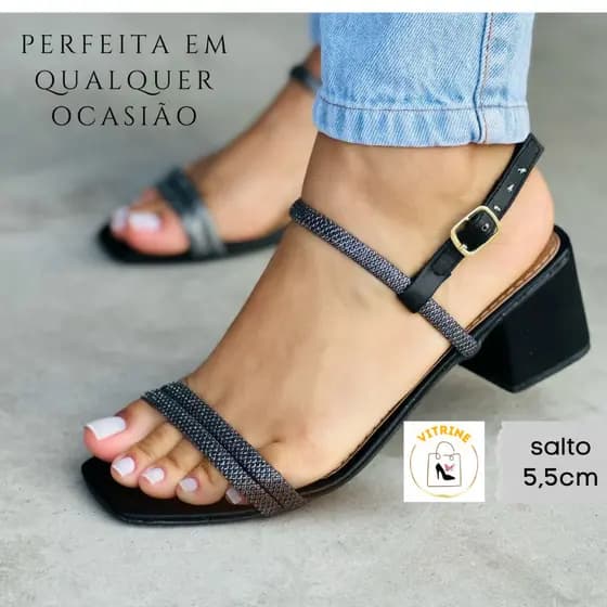 Sandalia Feminina Bloco Medio Gliter Brilho VITRINE