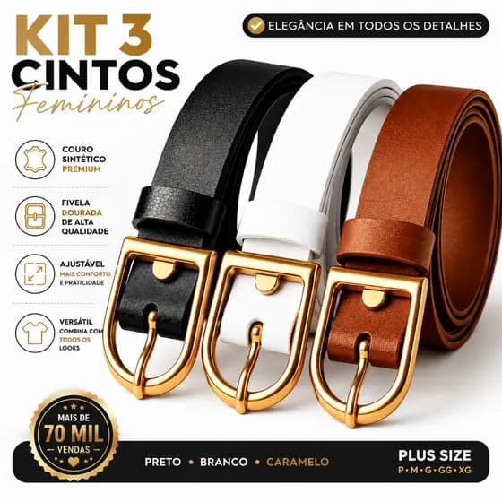 Kit 3 Cinto Feminino fino - Couro Sintético Elegante Fivela Dourada Ajustável Plus Size - Preto branco caramelo