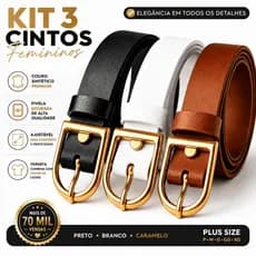 Kit 3 Cinto Feminino fino - Couro Sintético Elegante Fivela Dourada Ajustável Plus Size - Preto branco caramelo