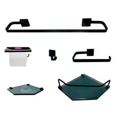 Kit Para Banheiro Dália Sextavado Preto Vidro Fumê 6 Peças