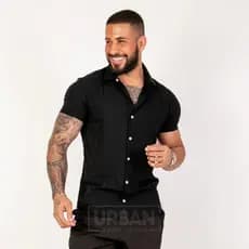 Camisa Masculina Linho Preta Manga Curta Slim Fit
