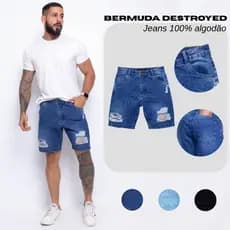 Bermuda Jeans Masculina Rasgada Destroyed Premium Short com Puidos