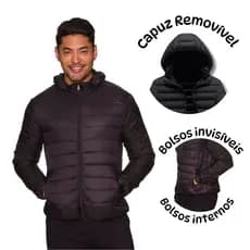 Jaqueta Puffer Com Capuz Removivel Bobojaco Inverno Preta
