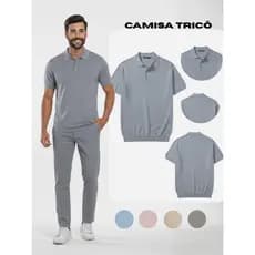Camisa Gola Polo Sem Estampa Masculina Lisa Slim Algodão Trico Botões
