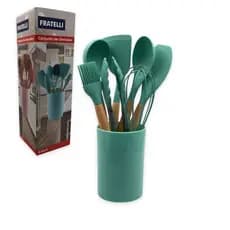 Conjunto de Utensilios Silicone 8 Peças - Verde Escuro/Verde claro/Rosa/Preto