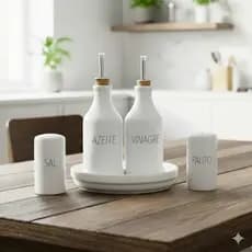 Conjunto Galheteiro Porcelana Bandeja Redonda Azeite e Vinagre