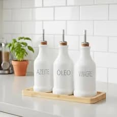 Garrafas Galheteiro Porcelana Azeite Vinagre e óleo com Bandeja de Bambu