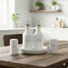 Conjunto Galheteiro Porcelana Bandeja Redonda óleo e Azeite