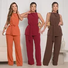 Conjunto Alfaiataria Feminino Blusa Mais Calça Forrada Com Cinto Premium