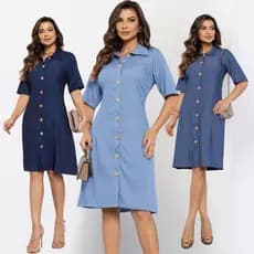 Vestido Chemise Liocel Com Botões Com Manga Jeans