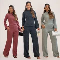 Conjunto de Calça Pantalona Wide Leg e Blusa Gola Alta de Tricô Tricot Forrada Inverno Frio