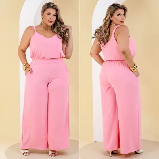 Conjunto Feminino Plus Size Calça Pantalona Blusa de Alça Elegante Festa Trabalho