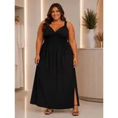 Vestido Longo Plus Size Feminino Alças Decote V Elástico na Cintura Vestido plus size preto Vestido tamanho 50