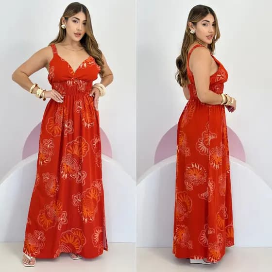 Vestido Longo Feminino Viscolinho Decote V Alça de Elástico