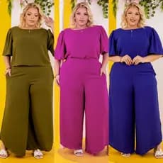 Conjunto Calça e Blusa de Manga Plus Size Amplo Cós de Elástico Blusa Fluida com Mangas 3/4