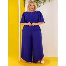 Conjunto Plus Size Calça Ampla cós de Elástico Blusa Fluida com Mangas 3/4