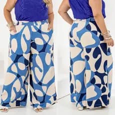 Calça Feminina Pantalona em Viscolinho Cós de Elástico Bolsos Laterais Elegante Estampado