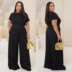 Conjunto 2 Peças Plus Size Malha Canelada Calça Pantalona com Bolso Cós de Elástico Blusa com Mangas Elegante