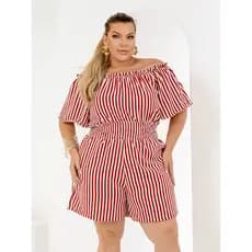 Macaquinho Feminino Plus Size Ciganinha Mangas Fluidas Elástico na Cintura Bolso Lateral Soltinho