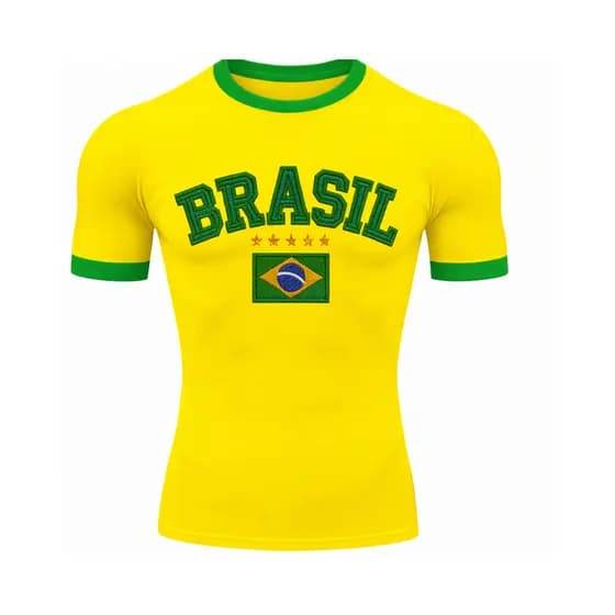 Camiseta Compressão Manga Curta Brasil Estilo Bordado Colorida Rash Guard