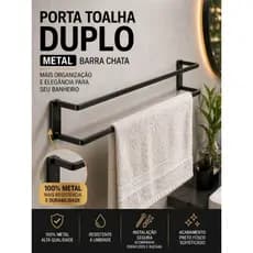 Suporte Porta Toalha Duplo de Metal Preto de Banheiro 45cm