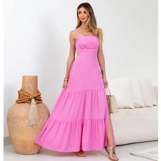 Vestido Longo Verão Casual e Elegante Feminino Com Alça Regulável Com Fenda - Com Bojo e Forro