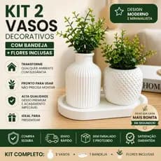 Kit 2 Vasos Decorativos com Bandeja + Flores | Vaso Minimalista Moderno Sala Quarto | Decoração Luxo Gesso