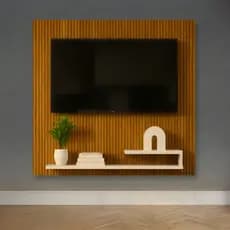 Painel Ripado Off-White Para TV até 32" Com Prateleira Nicho Mdf Rack Moderno Madeira Decoração Sala