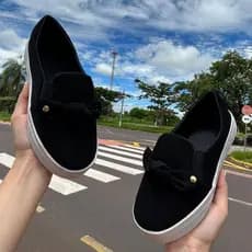 Tênis Feminino Slip On De Laço Com Pingente Confortável Macio Tênis Calce Fácil Iate Casual