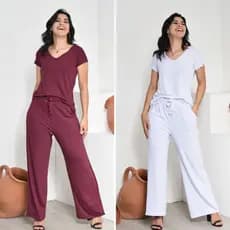 Kit 2 Conjuntos Viscolycra Calça Pantalona e Gola V
