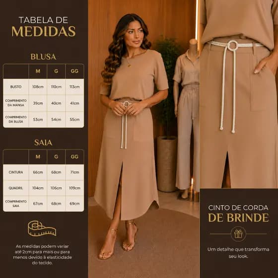 Conjunto Feminino Saia Midi Com Recorte e Blusa Meia Manga