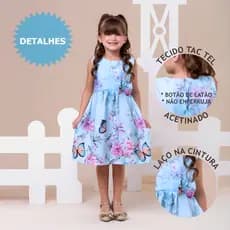 Vestido  Infantil Menina Floral Azul com Borboletas Claro Casual  festa 04 ao 12 anos