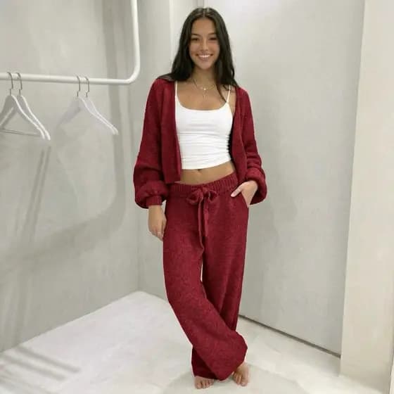 Conjunto Tricot Fio Mousse Luxo Feminino Inverno 2026 Vermelho – Cardigan + Calça Com Cordão Ajustavel  Blogueira