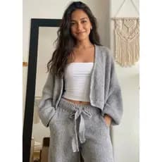 Conjunto Tricot Fio Mousse Luxo Feminino Inverno 2026 Cinza  – Cardigan + Calça Com Cordão Ajustavel  Blogueira