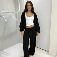 Conjunto Tricot Fio Mousse Luxo Feminino Inverno 2026 Preto – Cardigan + Calça Com Cordão Ajustavel  Blogueira