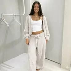 Conjunto Tricot Fio Mousse Luxo Feminino Inverno 2026 Bege Mescla – Cardigan + Calça Com Cordão Ajustavel  Blogueira